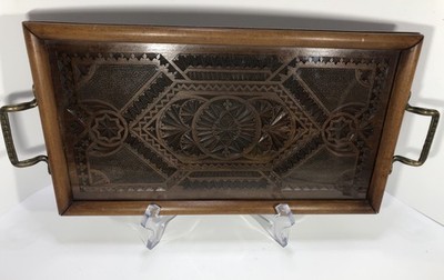 Ant/Vtg Chip Carved Wooden Tray Glass Insert Brass Handles Serving