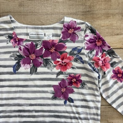 Alfred Dunner Womens Floral Stripe Petite M Top 3/4 Sleeve Bead Sequin Colorful