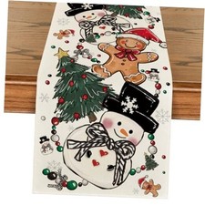 Snowman Gingerbread Xmas Pine Merry Christmas 13" x 48", Table Runner Beige