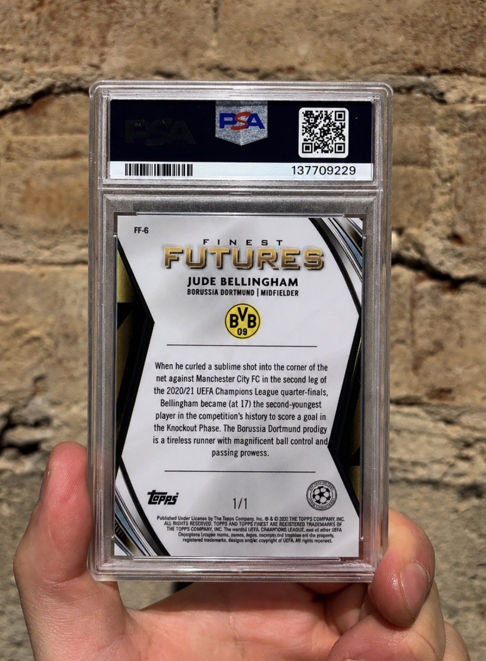 2021-22 Topps Finest Jude Bellingham UCL Superfractor 1/1 PSA 10 Gem Mint view 2