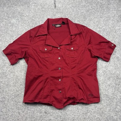 Harley Davidson Shirt Womens 1W Red Short Sleeve Button Up Top Motor Biker