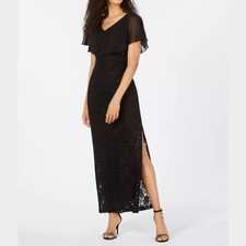 NWT Connected Apparel Women Black Lace Sequin Ruffle Chiffon Overlay Gown Size 6
