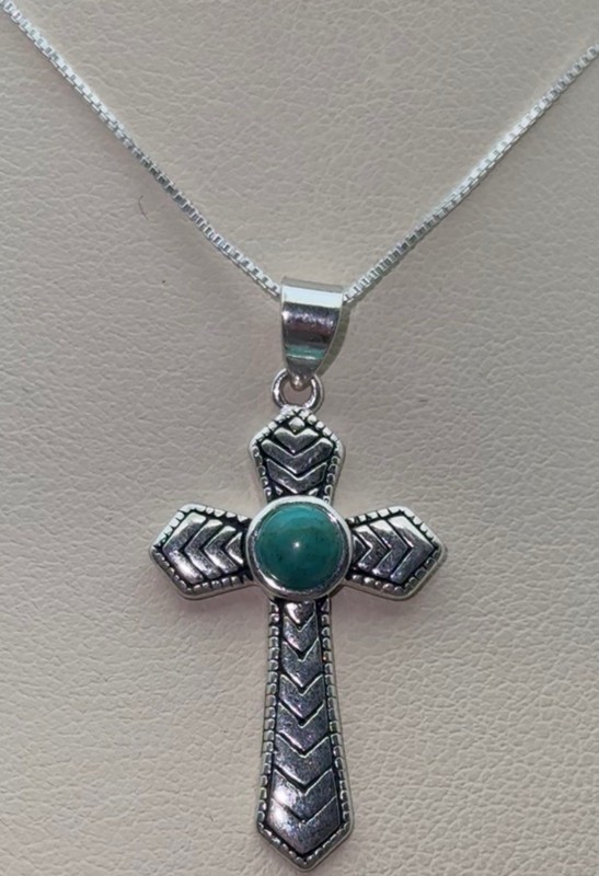 Navajo 925 Sterling And Turquoise Cross Pendant On 18 Inch Sterling Silver Chain