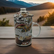 Oriental Tea Cup With Lid & Removable Infuser Mug Chinese Harbor Design 3pc