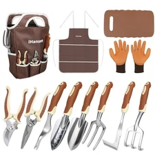 Brown Gardening Tools Set 12-Piece, Garden Hand Tool Kit with Non-Slip Ergono...