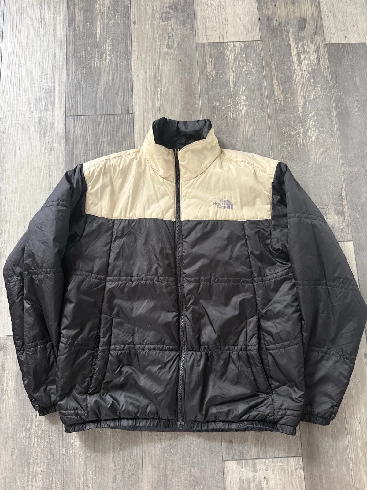 The North Face Men's Black Beige Quilted Full Zip Mid-Length Puffer Jacket M
