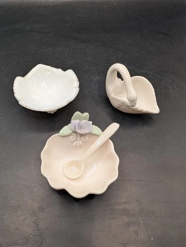 Vintage & Antique Porcelain W Spoon, Milk Glass Swan Salt Cellars Lot Of 3