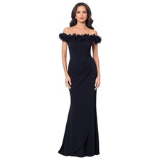 XSCAPE Ruffled Off-the-Shoulder Scuba Crepe Gown Black Size 10P
