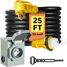50Amp Generator Power Cord 25ft with Waterproof Pre-Drilled Power Inlet Box