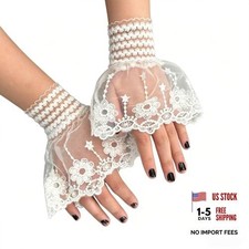 Women Short Lace Mesh Sleeve Gloves Cuff for Wedding Bridal Opera Tea White