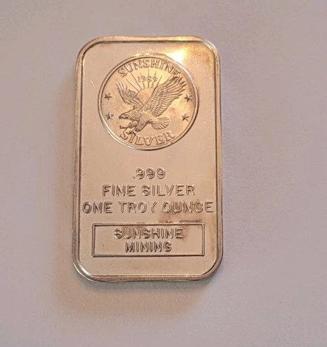 Sunshine Mining Bullion Ingot Bar 1 Troy Oz .999 Fine Silver Dated 1989