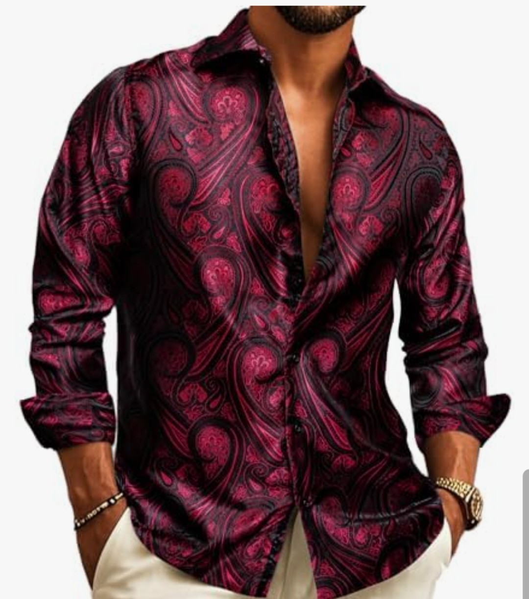 Barry Wang Silk Blend Long Sleeve Party Dress Shirt Sz XL Red Black Paisley