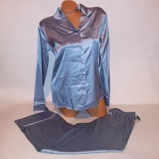 True Religion Pajama Set Women Blue Satin Rhinestone Bling Long Sleeve Top Pants