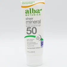 Alba Botanica Sheer Mineral SPF 50 Sunscreen Lotion 3oz Exp 02/26 No White Cast