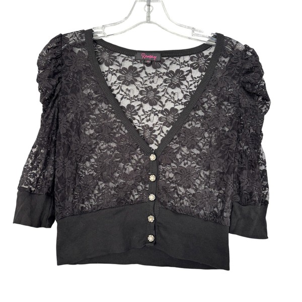 Rampage Womens M Sheer Lace Y2K /90s Vintage Crop Cardigan Black Goth Whimsigoth