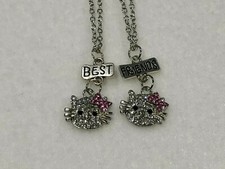 BEST FRIEND Pink  Clear Rhinestone Kitty 2 Pendants Necklace BFF Friendship Cat