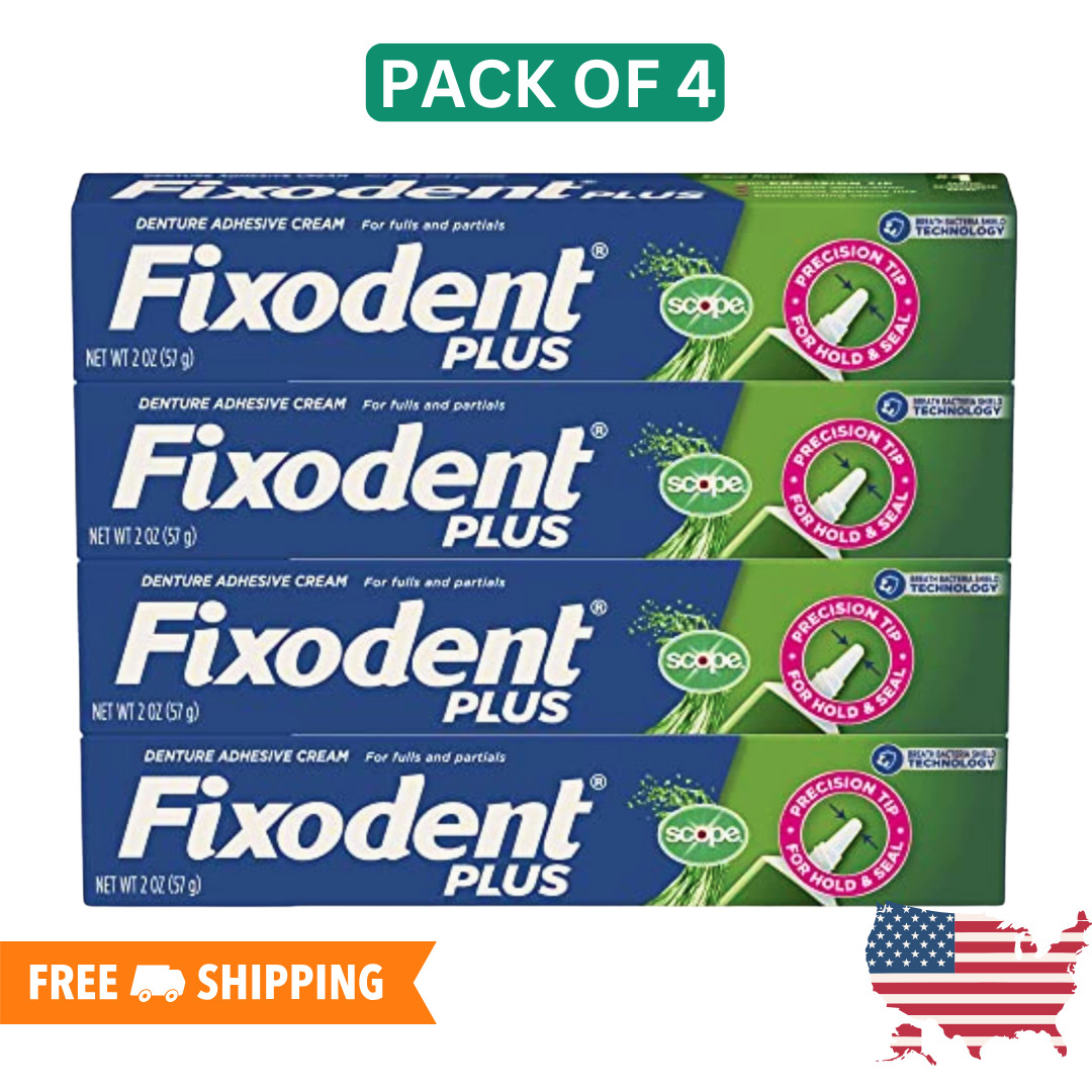 4 Pack Fixodent Plus Scope Denture Adhesive, Precision Hold, 2.0 oz, - NEW