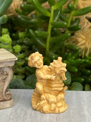 Miniature Dollhouse FAIRY GARDEN Tan Cherub w/ Seahorse Statue ~ Buy 3 Save $6