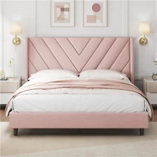 Queen Upholstered Bed Frame with Wooden Slat Support, No Box Spring Needed, Pink