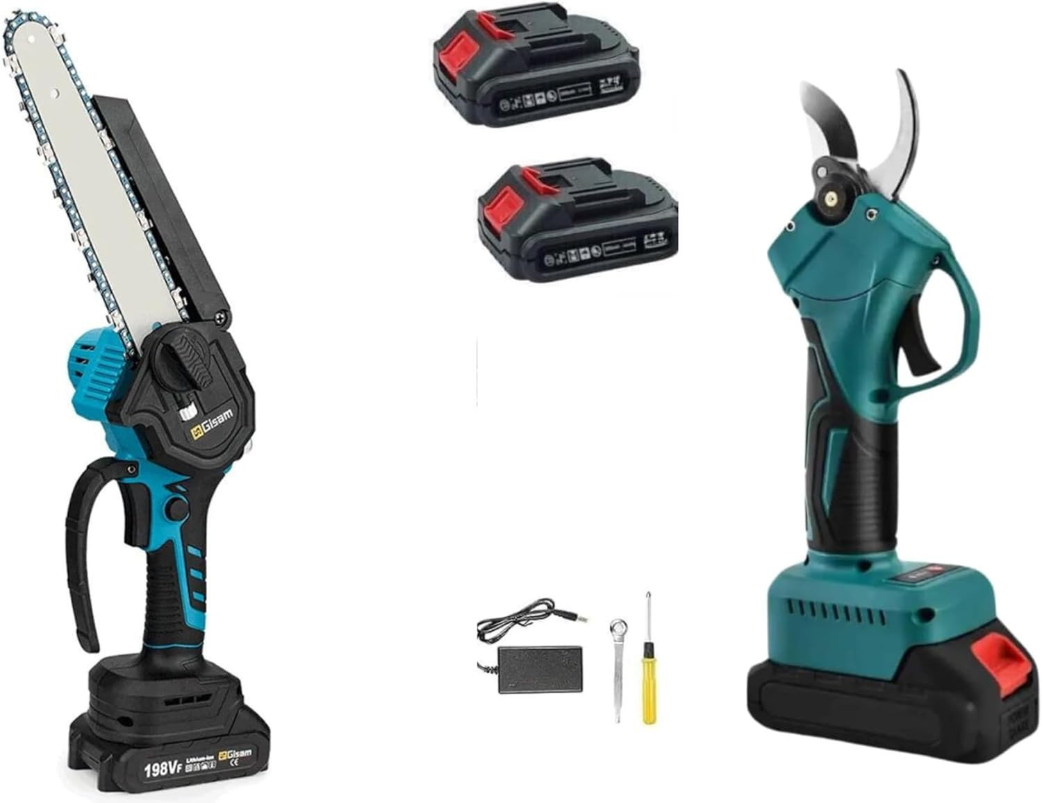 Set Potatura Elettrico 48V: Motosega + Cesoie con Doppia Batteria