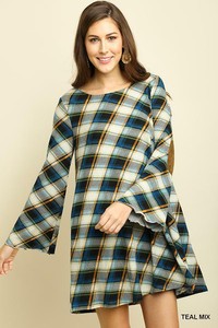 Umgee plaid knit shift dress with bell sleeves and suede elbow patch fall winter | eBay