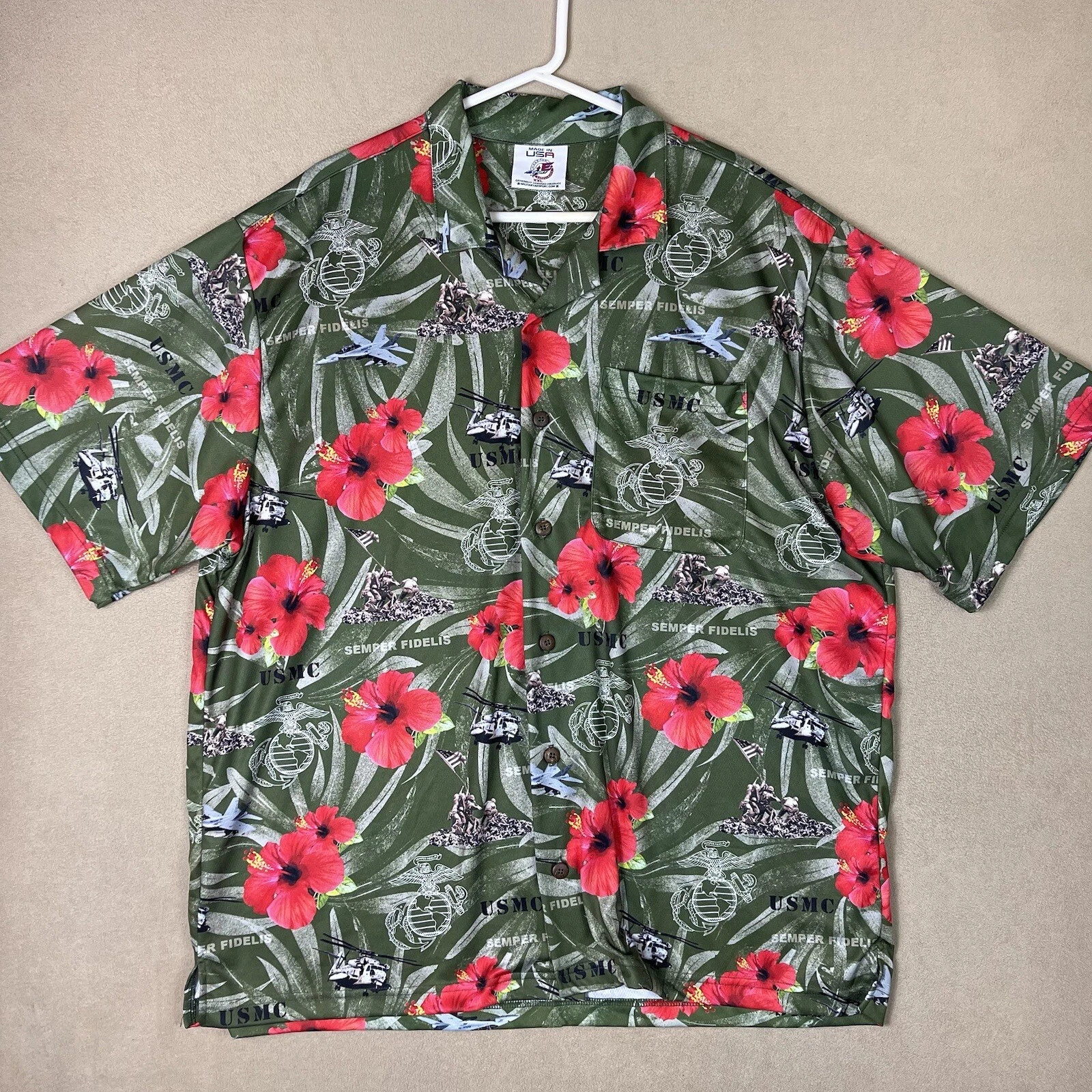 AE Sport Shirt Mens XXL Green US Marines Hawaiian Button Up Beach Adult