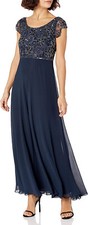 NWT 219 16P J Kara Women's Plus Size Long Dress with Flutter Sleeve beaded navy