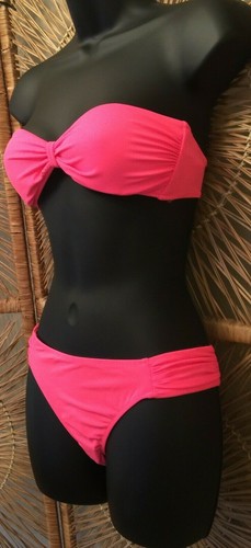 Victoria's Secret Womens Bandeau Bikini Swimsuit Sz S/M Fluorescent Pink Ruched - Picture 4 of 12
