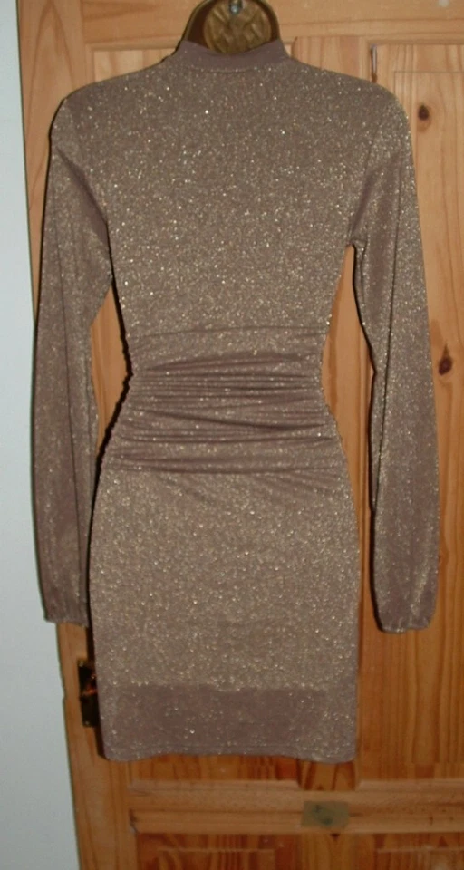 Jane Norman Dorado Brillante Elástico Mini Coño Lazo Navidad Vestido de Fiesta Talla 10 12 Foto 4 de 4