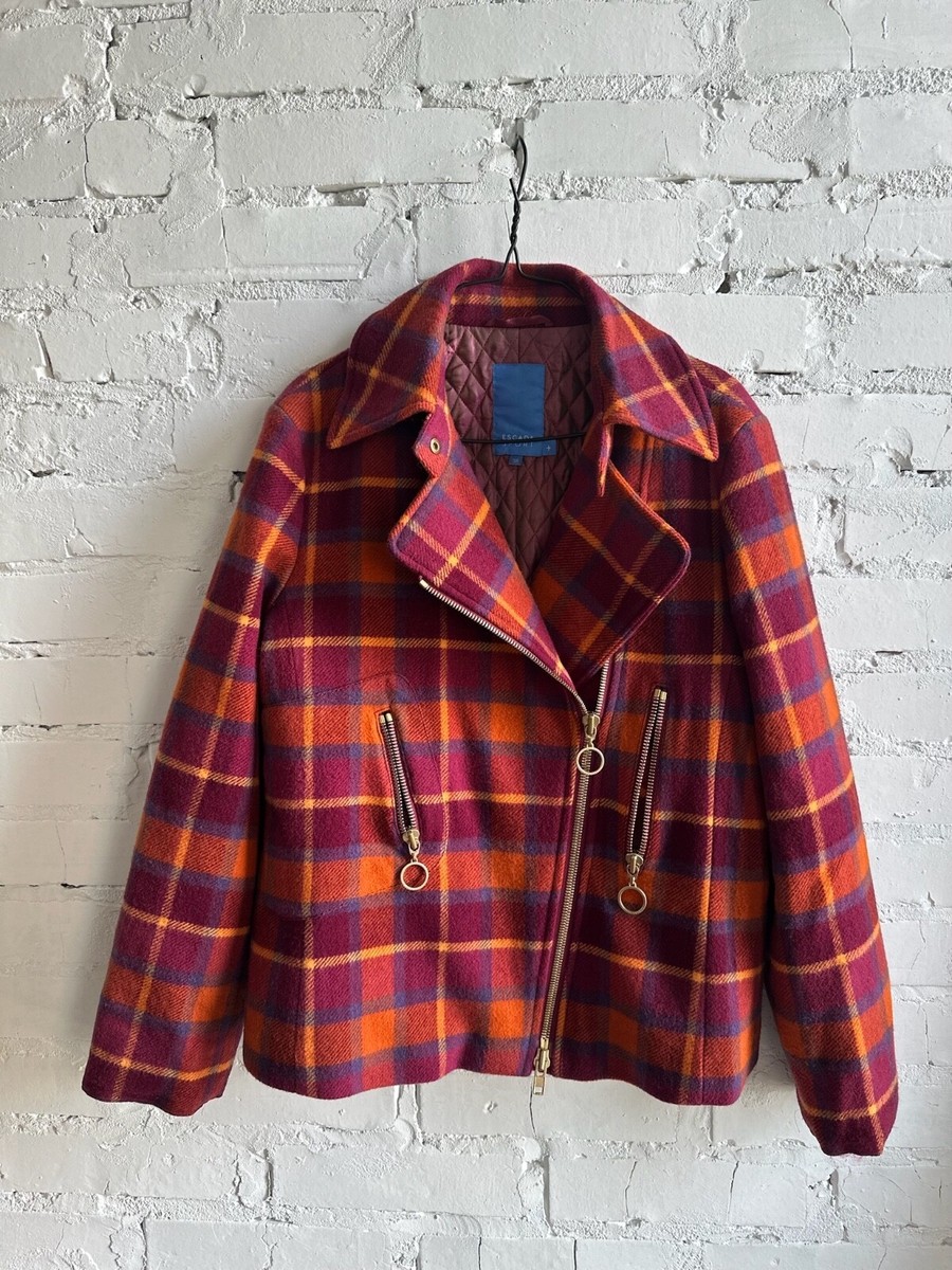 ESCADA SPORT 100% WOOL PLAID COAT MOTO JACKET FULL ZIP ORANGE