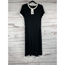 Zesica Dress Women's Medium Black Short Sleeve Ribbed Knit Ringer Midi Crew Neck