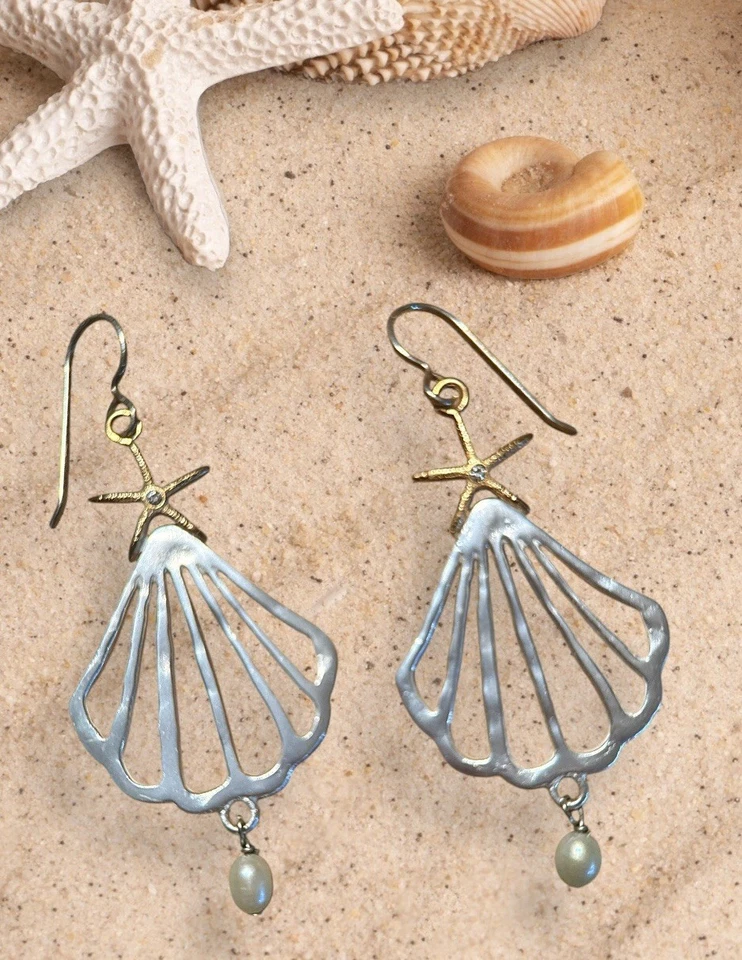PENDIENTES COLGANTES DE PERLAS ESTRELLA DE MAR CONCHA DE PLATA BRILLANTE Foto 3 de 4