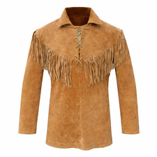 Western Cowboy Suede Leather Shirt Native American Fringe Beaded Shirt