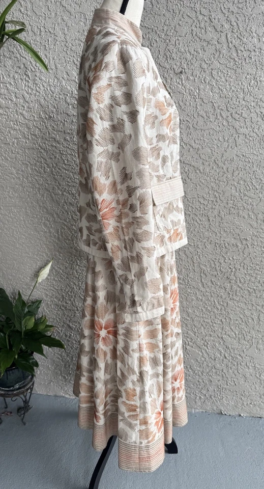 Traje Chaqueta Coldwater Creek Mezcla de Lino Bronceado Bordado Talla 14-Falda Talla 10-12-NUEVO CON ETIQUETAS Foto 3 de 4