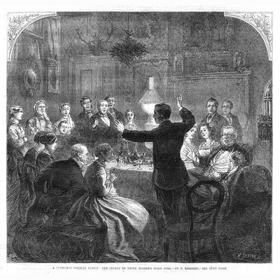 Viktorianische Weihnachtsszene Chor an Onkel Evereds Comic Lied - Antikdruck 1865