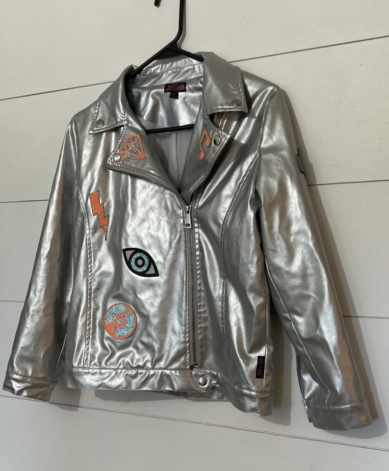 Jojos Closet Girls Silver Faux Leather Jacket Patches Moto Size 14/16 XL - Image 3 of 4