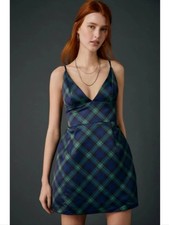 NWT Kimchi Blue & Green Plaid Satin Mini Dress in Navy and Green ■ Size M