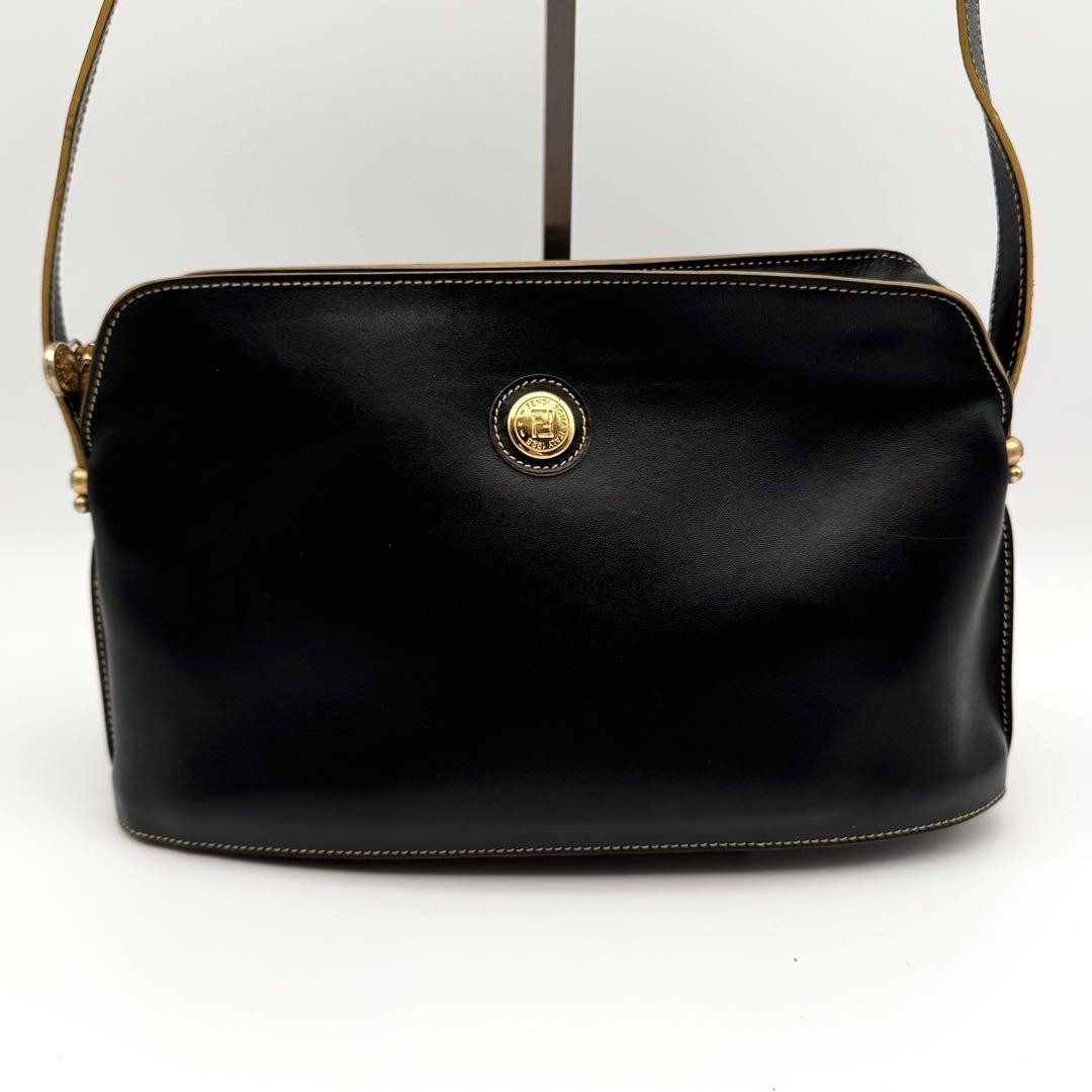 Fendi Black Leather Shoulder Bag with Gold Hardware Authentic Logo Excellent Condition