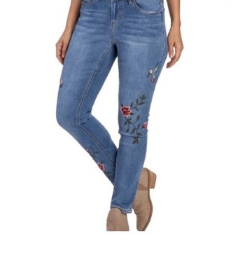 Earl Jeans Women's 14 Skinny Ankle Floral Embroidered Med Wash Normcore Stylish