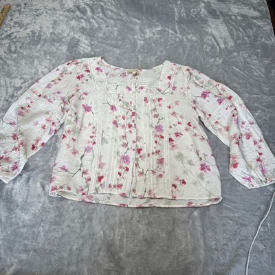 Hester & Orchard Floral Lace Trim Pintuck Button Front Blouse White Pink Medium