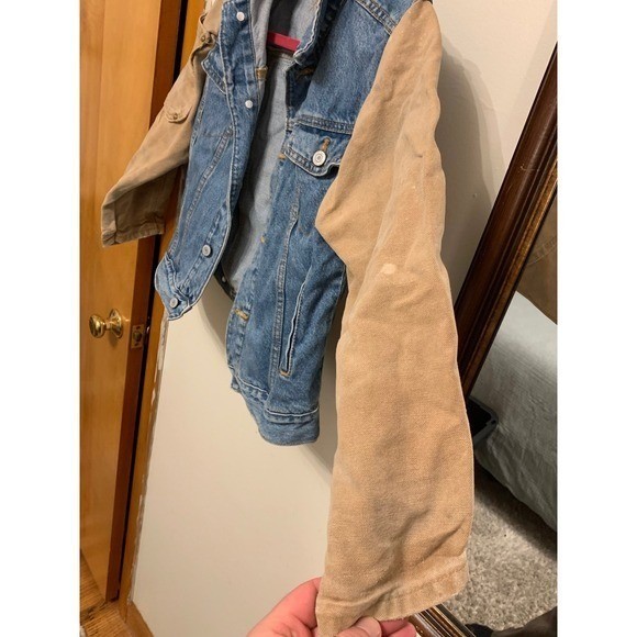 HANDMADE patchwork Carhartt Denim Jacket Tan Canv… - image 2