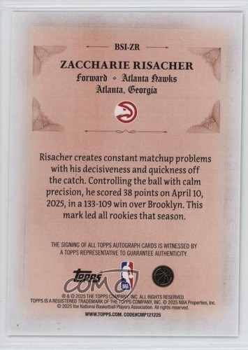 Zaccharie Risacher 2025-26 Topps firmado y sellado #BSI-ZR automático 4k5 - Imagen 2 de 3