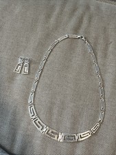 Vintage 925 Sterling Silver Greek Inspired Necklace+Earrings Costume Jewelry Set