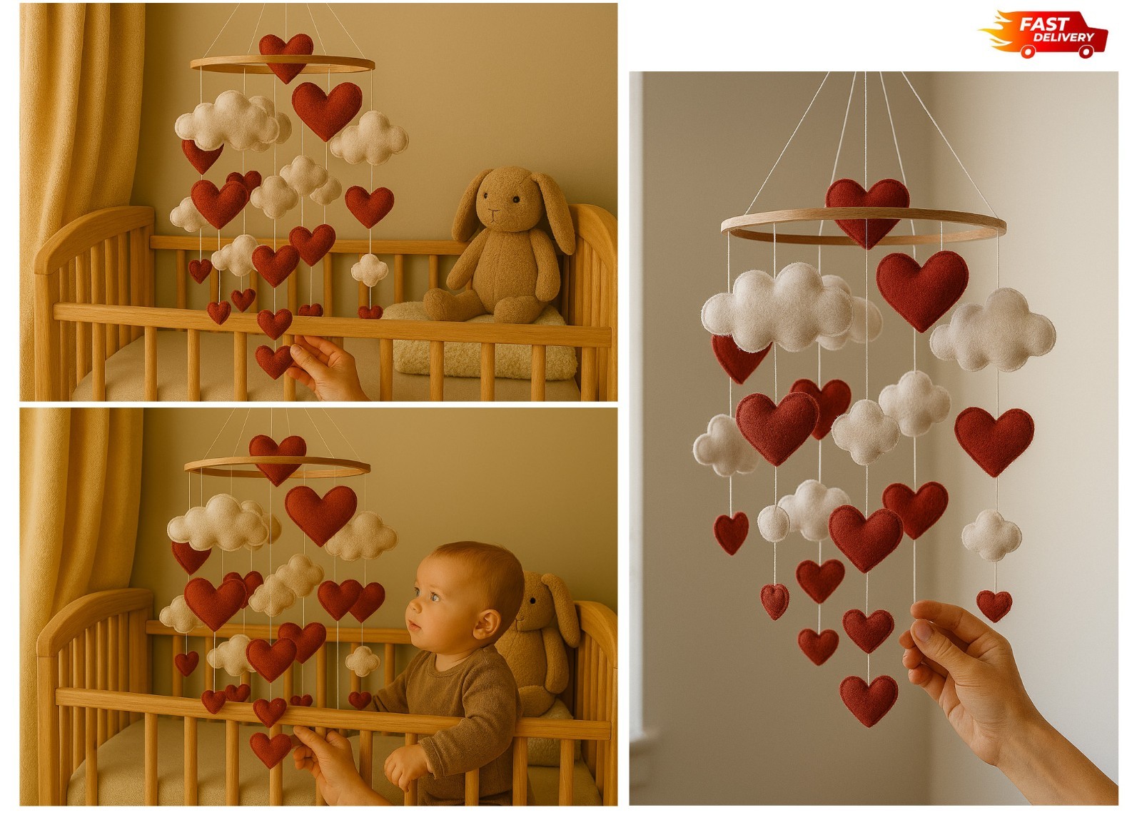 Cuna móvil fieltro corazones y nubes decoración infantil hecho a mano colgante regalo
