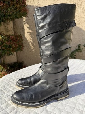 Jil Sander Strappy Black Leather Tall Shearling Lined Boots Womens Size 36.5 6.5