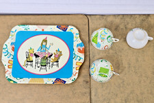 Vintage Chein Tin Litho Toy Tea Set Girl Animals Party Scene 4 Piece Set Rare