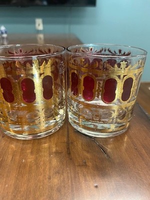 Mid Century Modern CULVER Gold Cranberry Scroll 2pc Old Fashioned Glasses