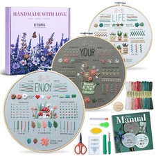Embroidery Kit for Adult Beginners, 3-Pack 33-Stitch Practice Samplers, Pre-S...