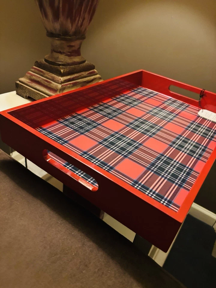 Bandeja grande lacada a cuadros roja hecha a mano inspirada en Ralph Lauren nueva con etiquetas Foto 3 de 4