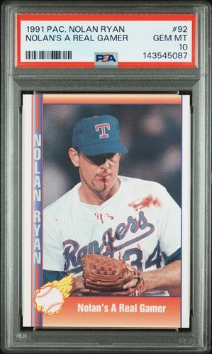 1991 Pacific Nolan Ryan #92 Nolan's A Real Gamer PSA 10 Bloody Lip TX Rangers